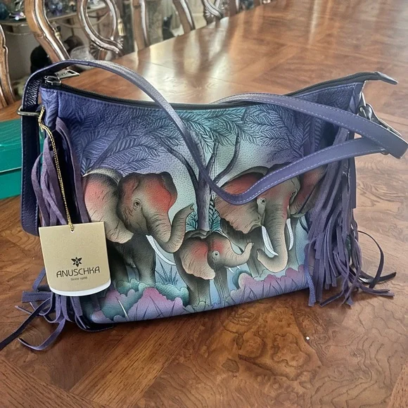 Anuschka Purple Elephant Design Shoulder Bag - Picture 1 of 9